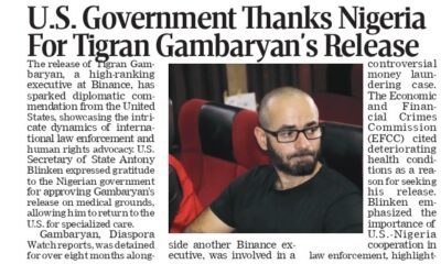 U.S. Government Expresses Gratitude to Nigeria for Tigran Gambaryan’s Release