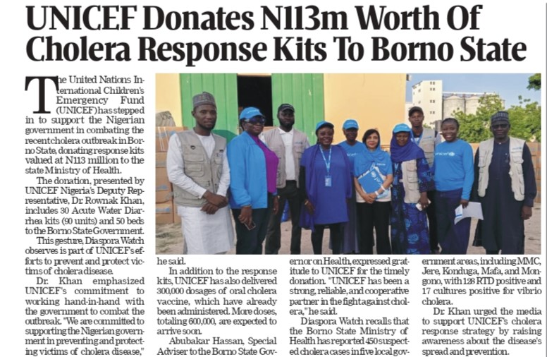 UNICEF Donates N113 Million Worth of Cholera Response Kits to Borno State