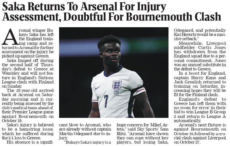 Saka Returns to Arsenal for Injury Assessment, Doubtful for Bournemouth Clash