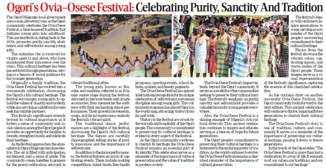 Ogori's Ovia-Osese Festival: Celebrating Purity, Sanctity, and Tradition