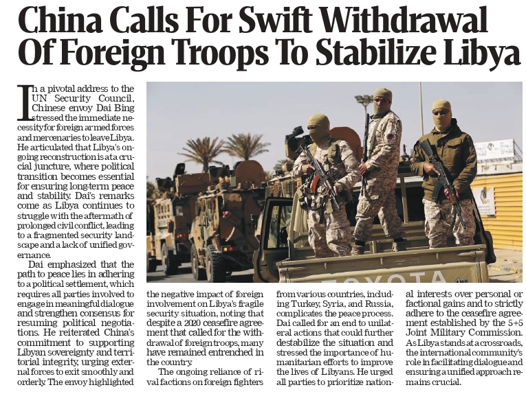 China has called for the swift withdrawal of foreign troops to stabilize Libya