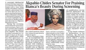 Akpabio Criticizes Senator for Praising Bianca’s Beauty During Screening
