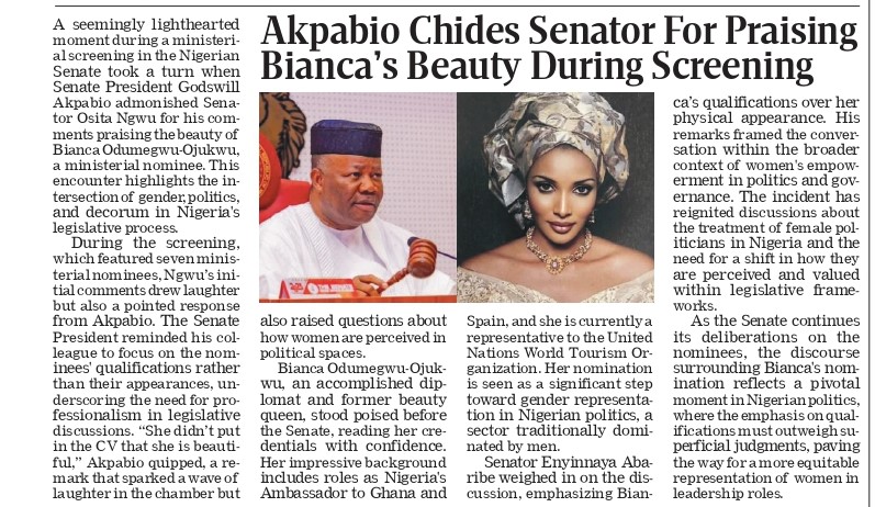 Akpabio Criticizes Senator for Praising Bianca’s Beauty During Screening