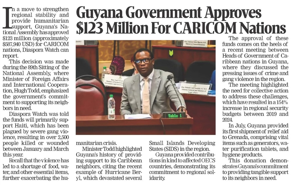 Guyana Government Approves $123 Million For CARICOM Nations - Diaspora Watch newspaper