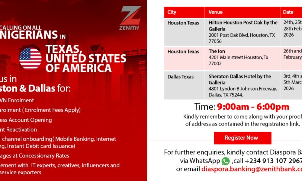 Zenith Bank to Host Diaspora Engagement, Banking Services for Nigerians in Texas