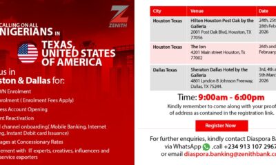 Zenith Bank to Host Diaspora Engagement, Banking Services for Nigerians in Texas
