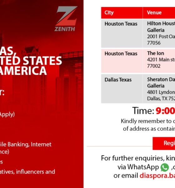 Zenith Bank to Host Diaspora Engagement, Banking Services for Nigerians in Texas