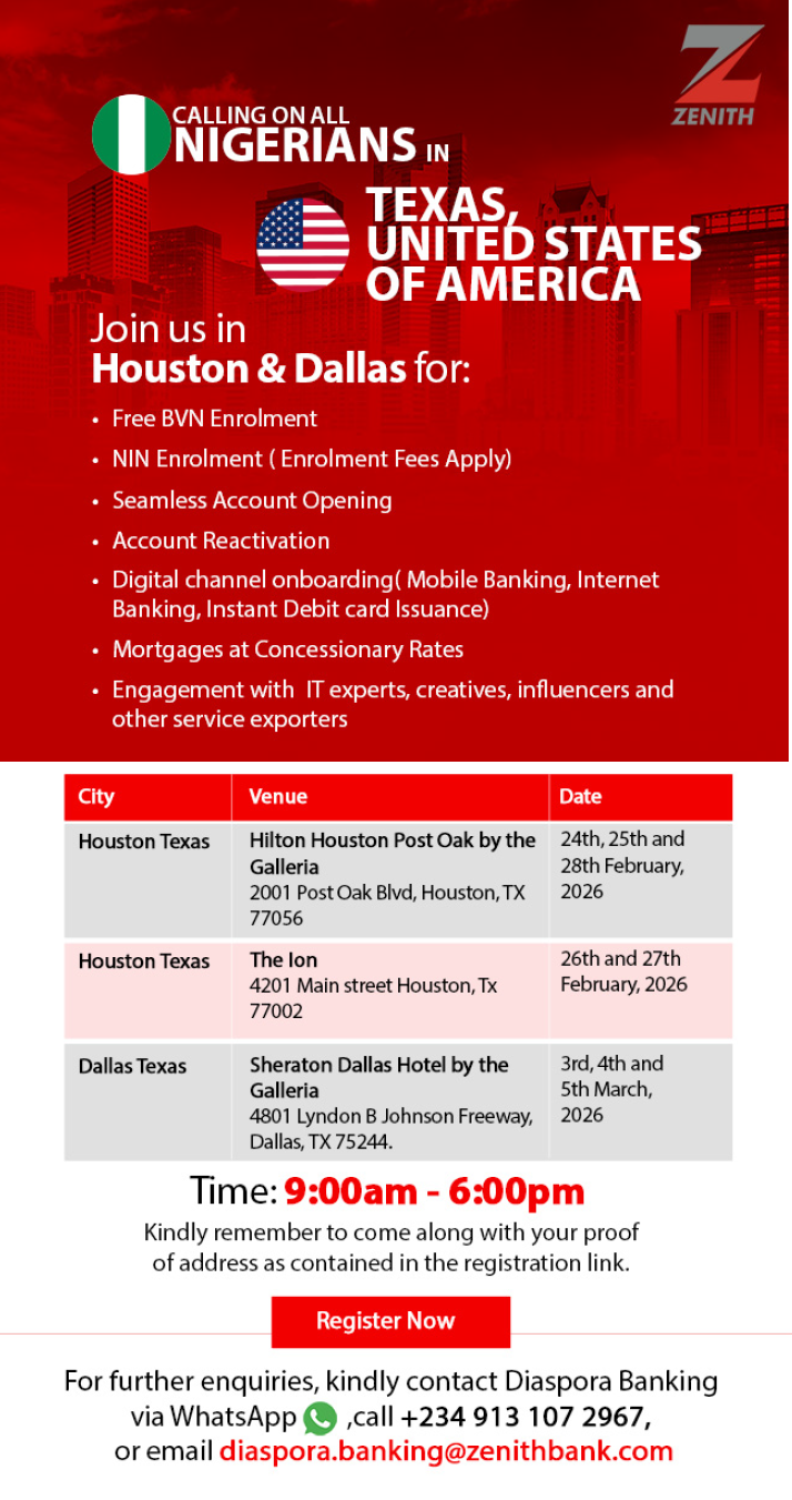 Zenith Bank to Host Diaspora Engagement, Banking Services for Nigerians in Texas